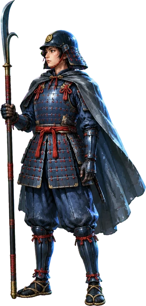 Prajurit bendungan berzirah lak biru memegang tombak kait.
