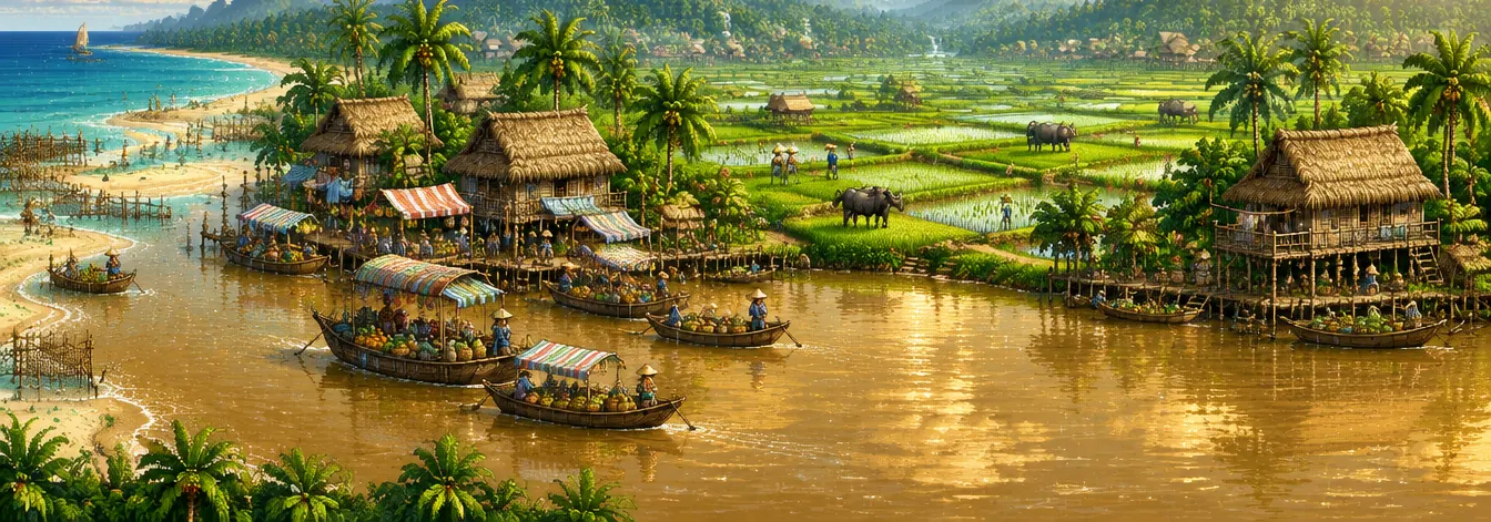 Peta sungai piksel bagian hilir: muara bertemu laut, pasar terapung, dan sawah luas.