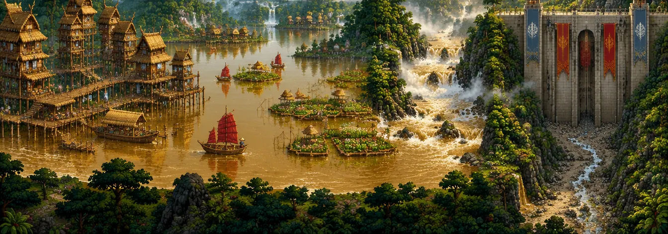 Peta sungai piksel bagian hulu: desa rumah panggung, danau kebun terapung, jeram, dan bendungan batu.